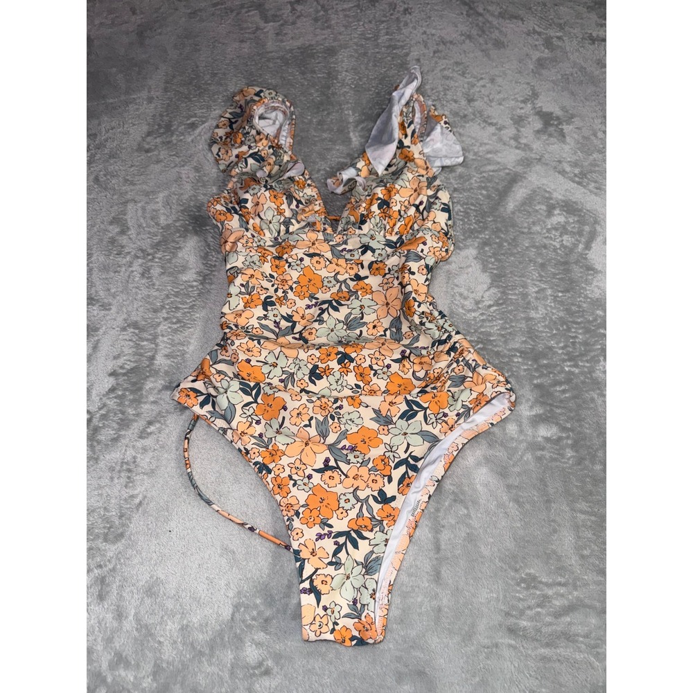 Floral Ruffle One Piece Swimsuit Orange Yellow V-Neck Ruched Cut Out Back XS